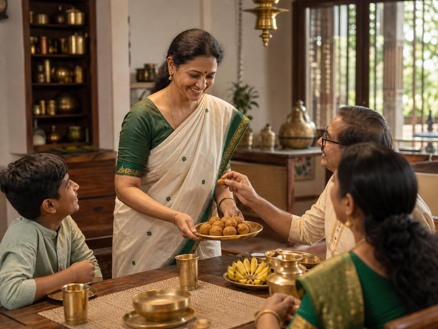 An Indian family enjoying jaggery laddus together